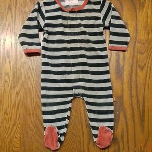 Magnificent Baby Black and Gray Striped Footie with Red Trim